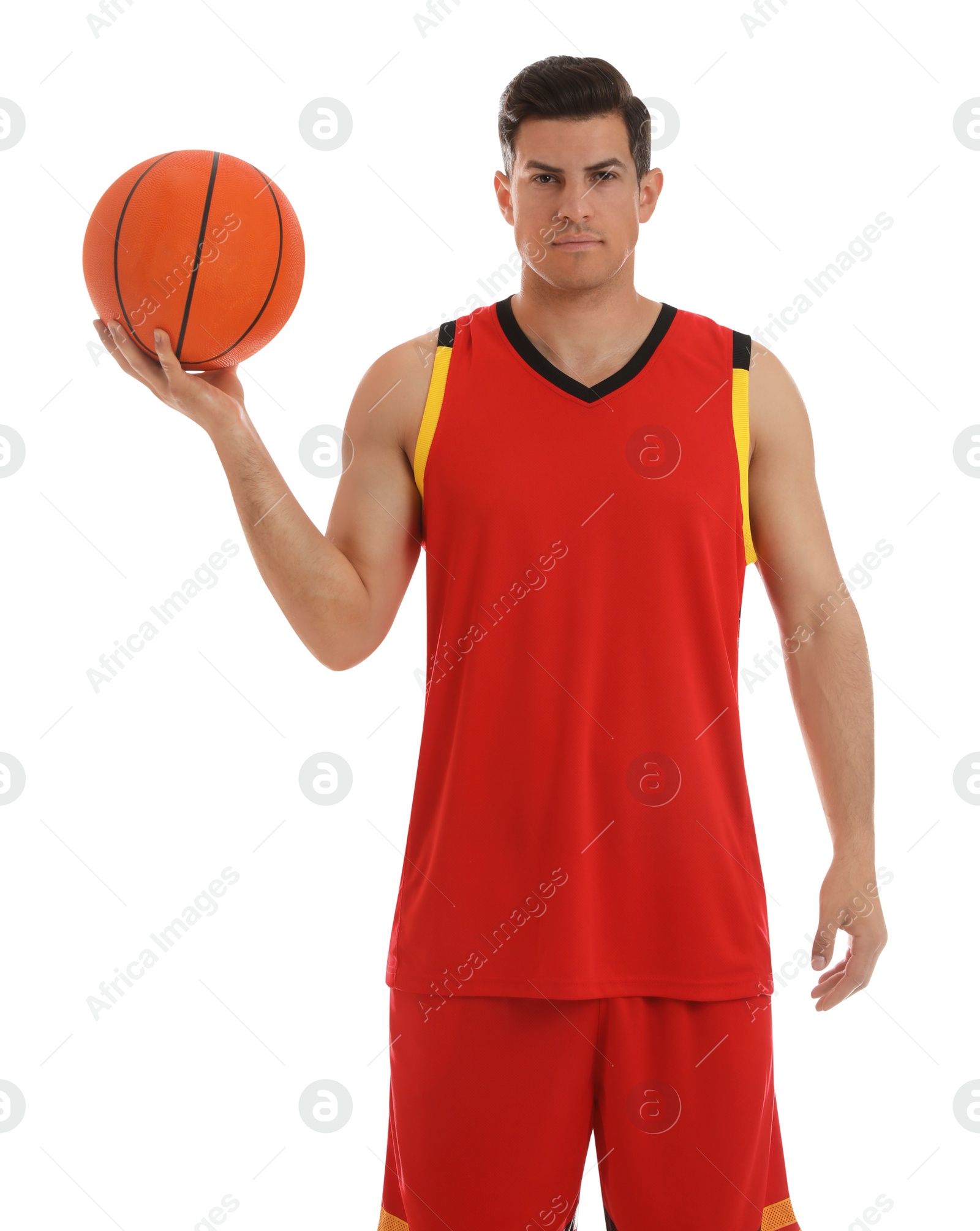 Photo of Basketball player with ball on white background