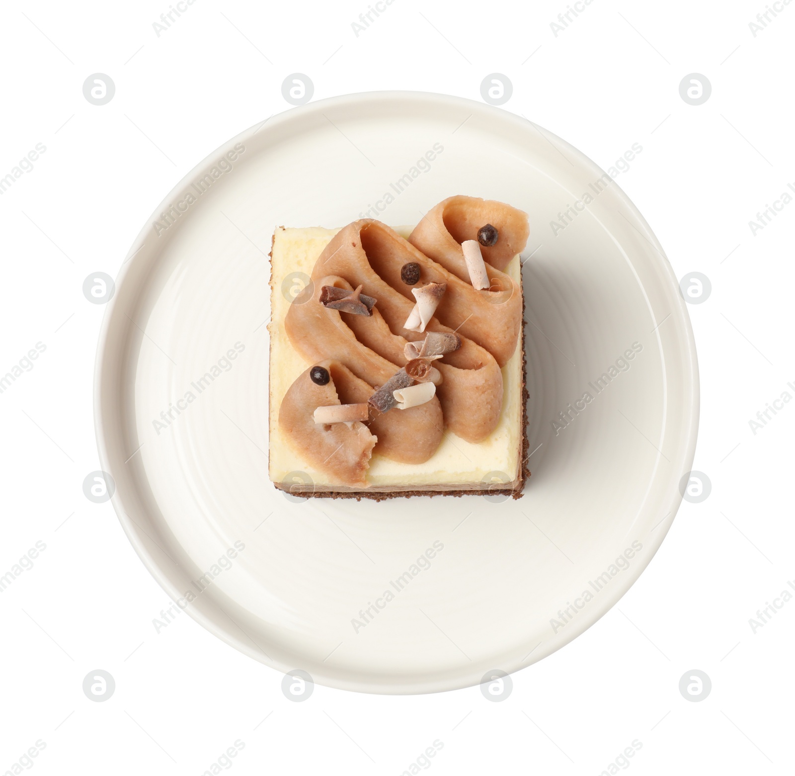 Photo of Piece of delicious mousse cake on white background, top view