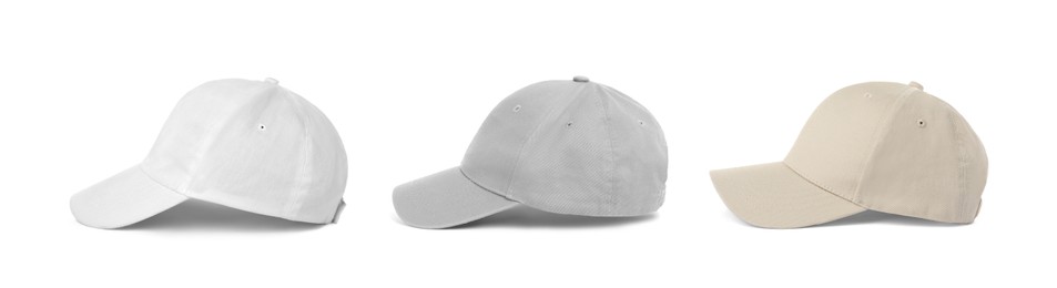 Image of Set with different baseball caps on white background. Mock up for design