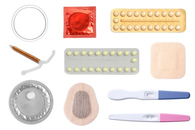 Oral contraceptives, patches, vaginal ring, condom, intrauterine device and ovulation tests isolated on white, collage. Different birth control methods