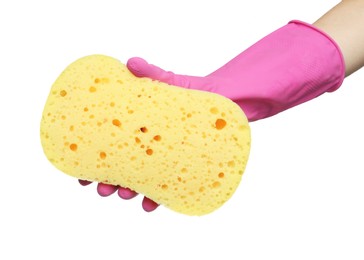 Photo of Cleaner in rubber glove holding new yellow sponge on white background, closeup