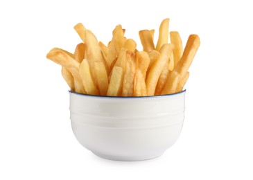 Bowl of delicious french fries on white background