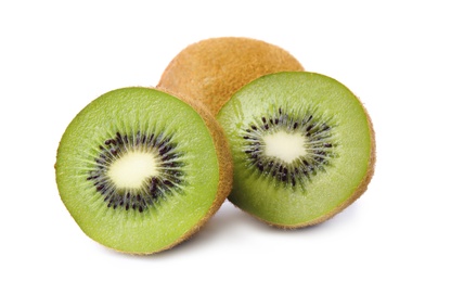 Photo of Cut and whole fresh kiwis on white background