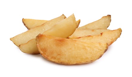Tasty baked potato wedges on white background