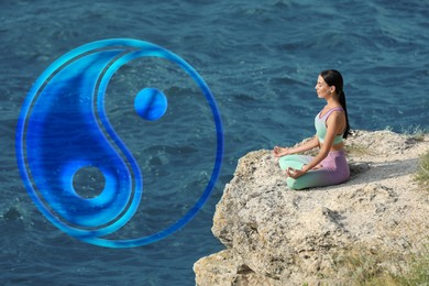 Young woman meditating on cliff near sea. Yin and yang symbol