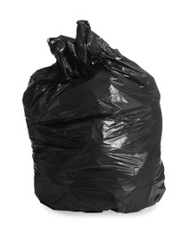 Photo of Black trash bag full of garbage isolated on white