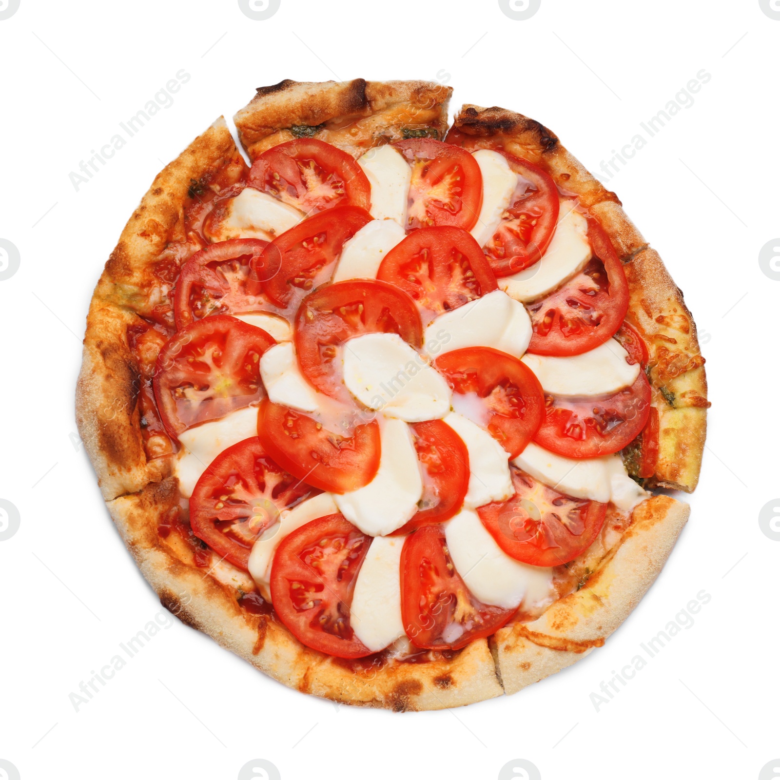 Photo of Delicious Caprese pizza with tomatoes and mozzarella isolated on white, top view