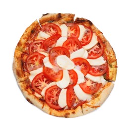 Delicious Caprese pizza with tomatoes and mozzarella isolated on white, top view