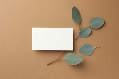 Photo of Blank business card and eucalyptus branch on beige background, top view. Mockup for design