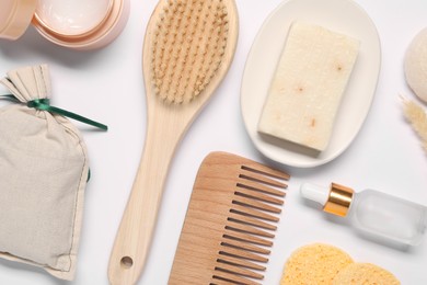 Bath accessories. Different personal care products on white background, flat lay