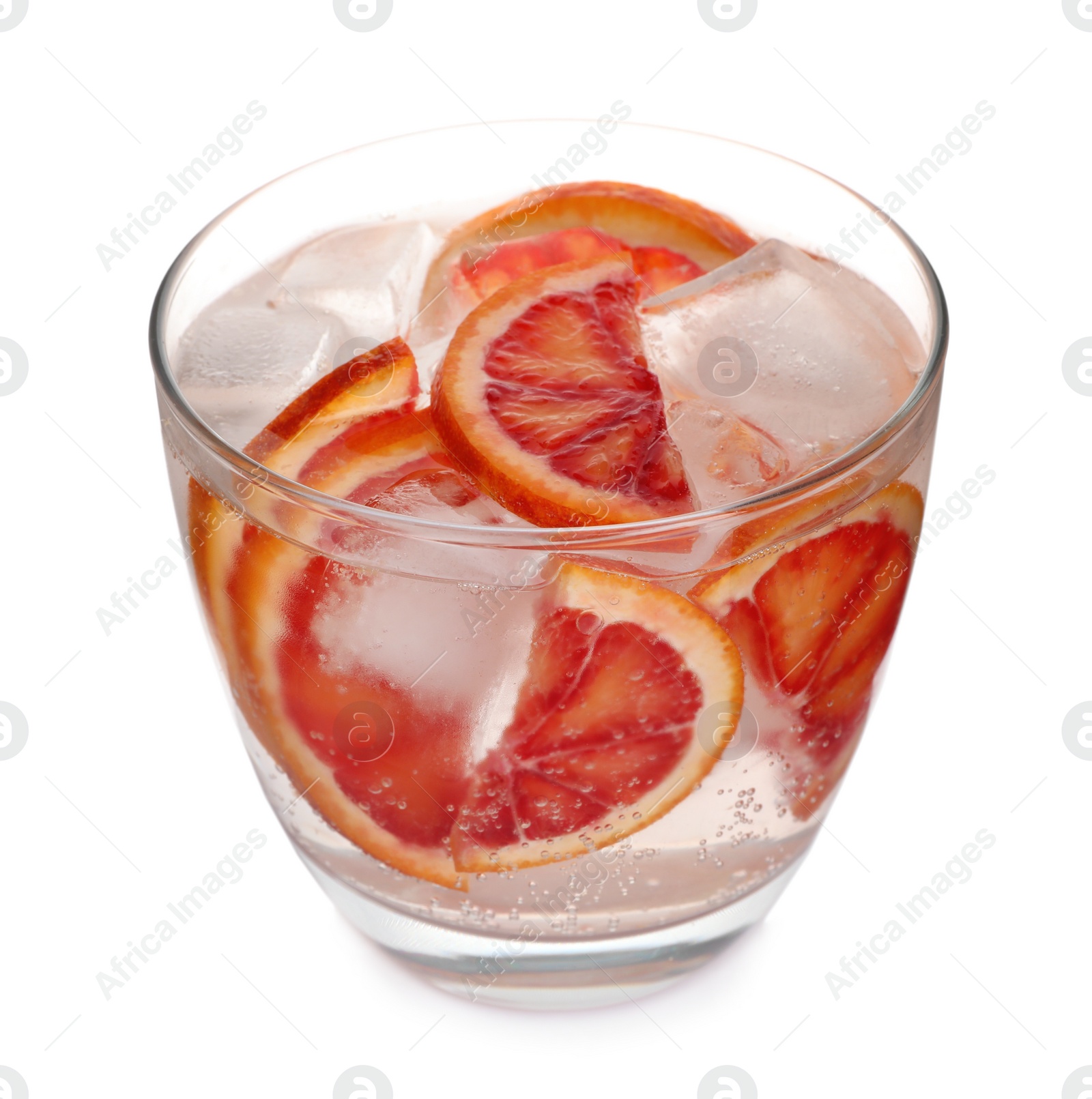 Photo of Delicious refreshing drink with sicilian orange and ice cubes in glass isolated on white