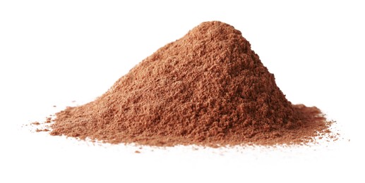 Photo of Pile of dry aromatic cinnamon powder isolated on white