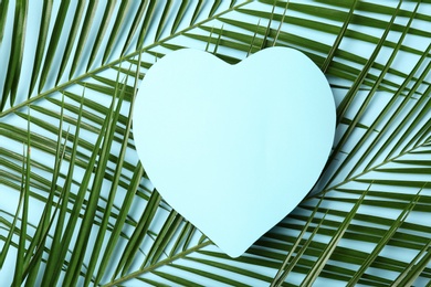 Photo of Flat lay composition with tropical leaves on color background