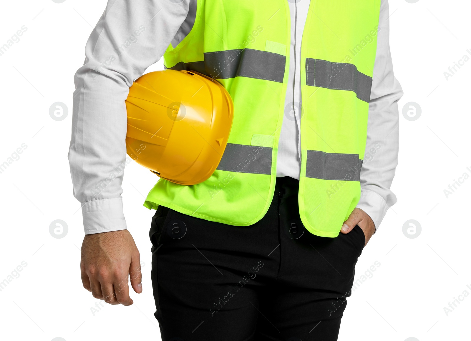 Photo of Engineer with hard hat on white background, closeup