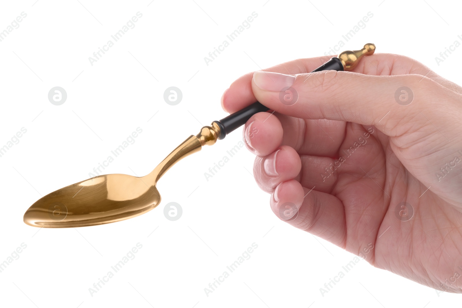 Photo of Woman holding elegant golden spoon on white background, closeup