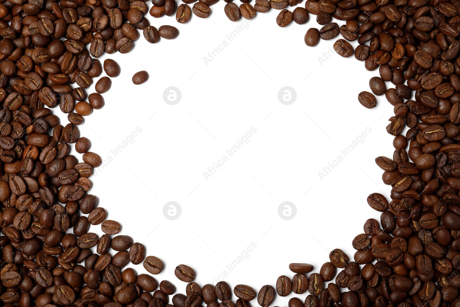 Photo of Frame of roasted coffee beans on white background, top view