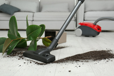 Removing soil from wooden floor with vacuum cleaner at home