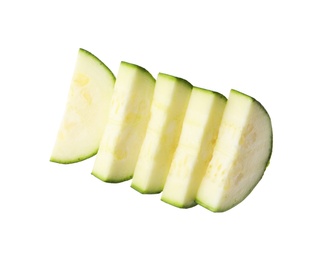 Photo of Slices of ripe zucchini on white background, top view