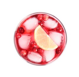 Photo of Tasty refreshing cranberry cocktail with lemon isolated on white, top view