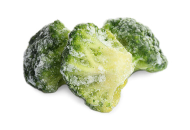 Frozen broccoli florets isolated on white. Vegetable preservation