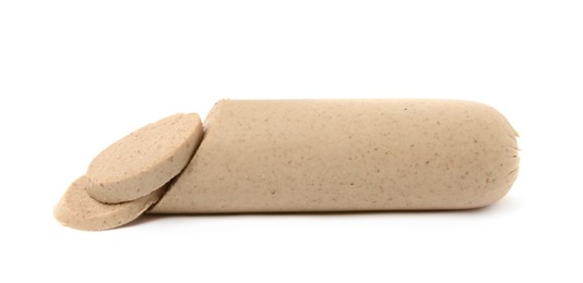 Photo of Delicious fresh cut liverwurst on white background