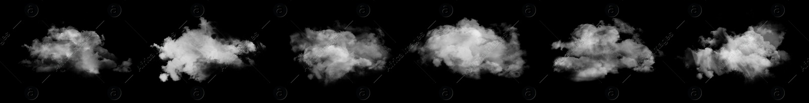 Image of Set with different clouds of white smoke on black background