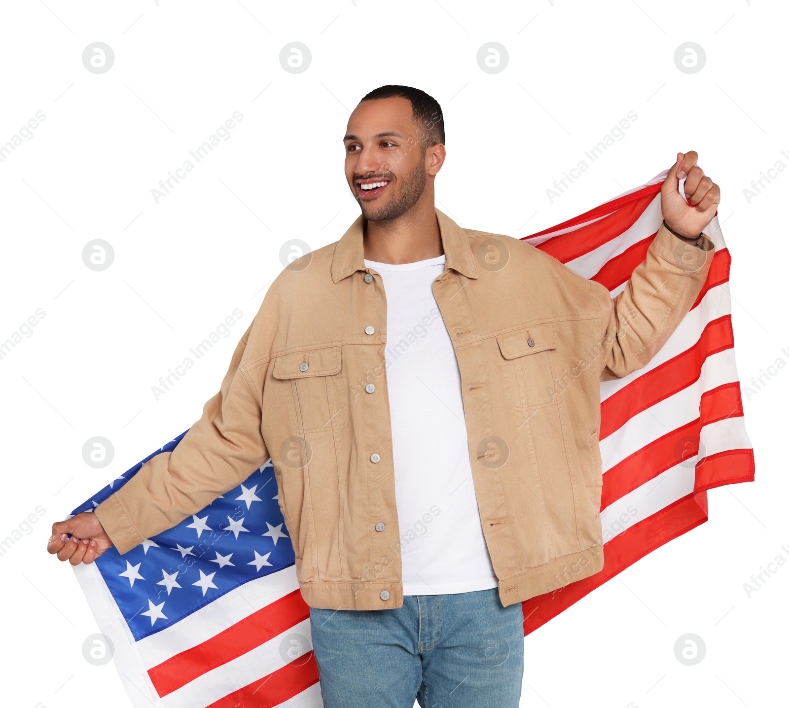 Image of 4th of July - Independence day of America. Happy man with national flag of United States on white background