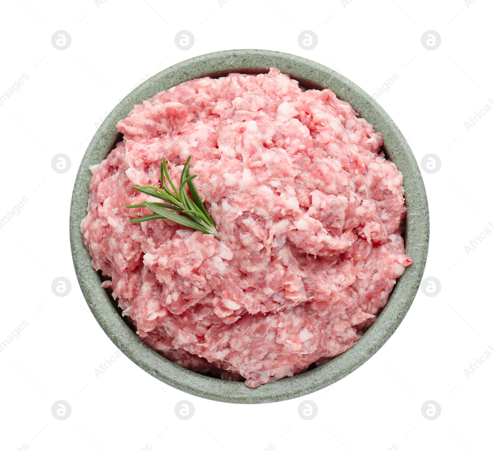 Photo of Bowl of raw fresh minced meat with rosemary isolated on white, top view