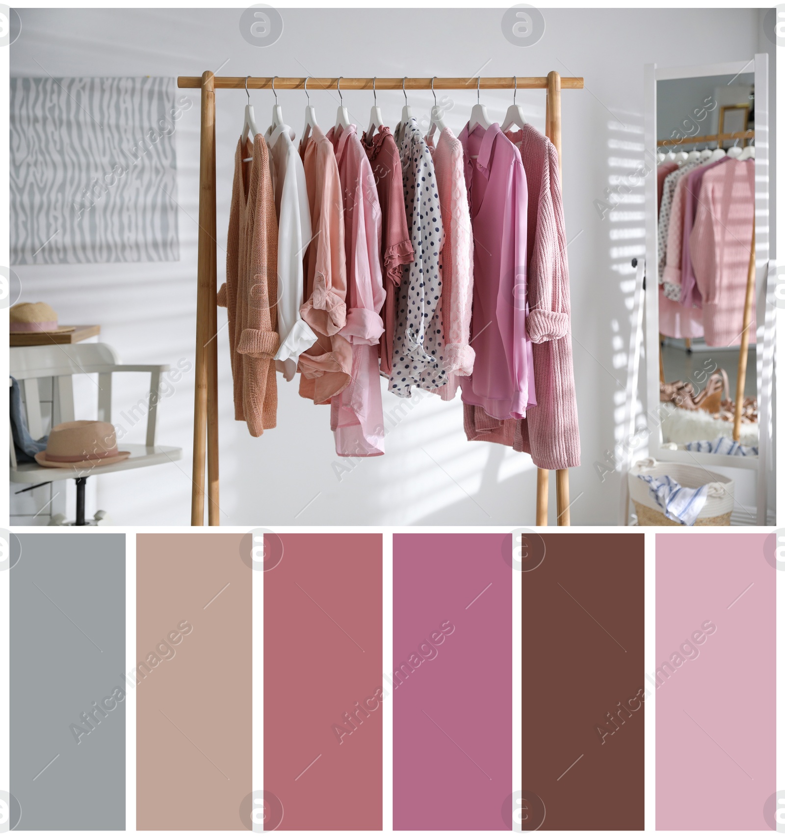 Image of Color palette appropriate to photo of stylish women's clothes on rack in room