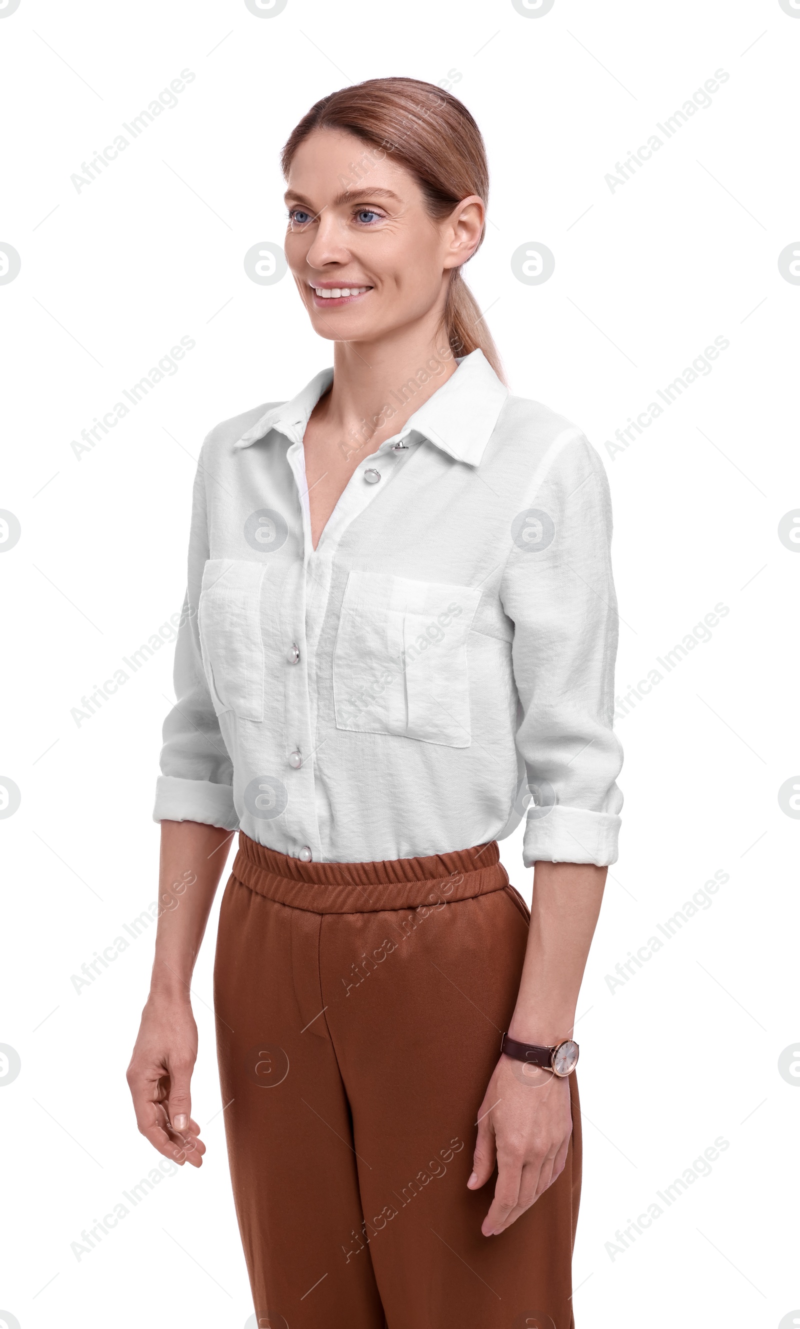 Photo of Portrait of beautiful happy businesswoman on white background