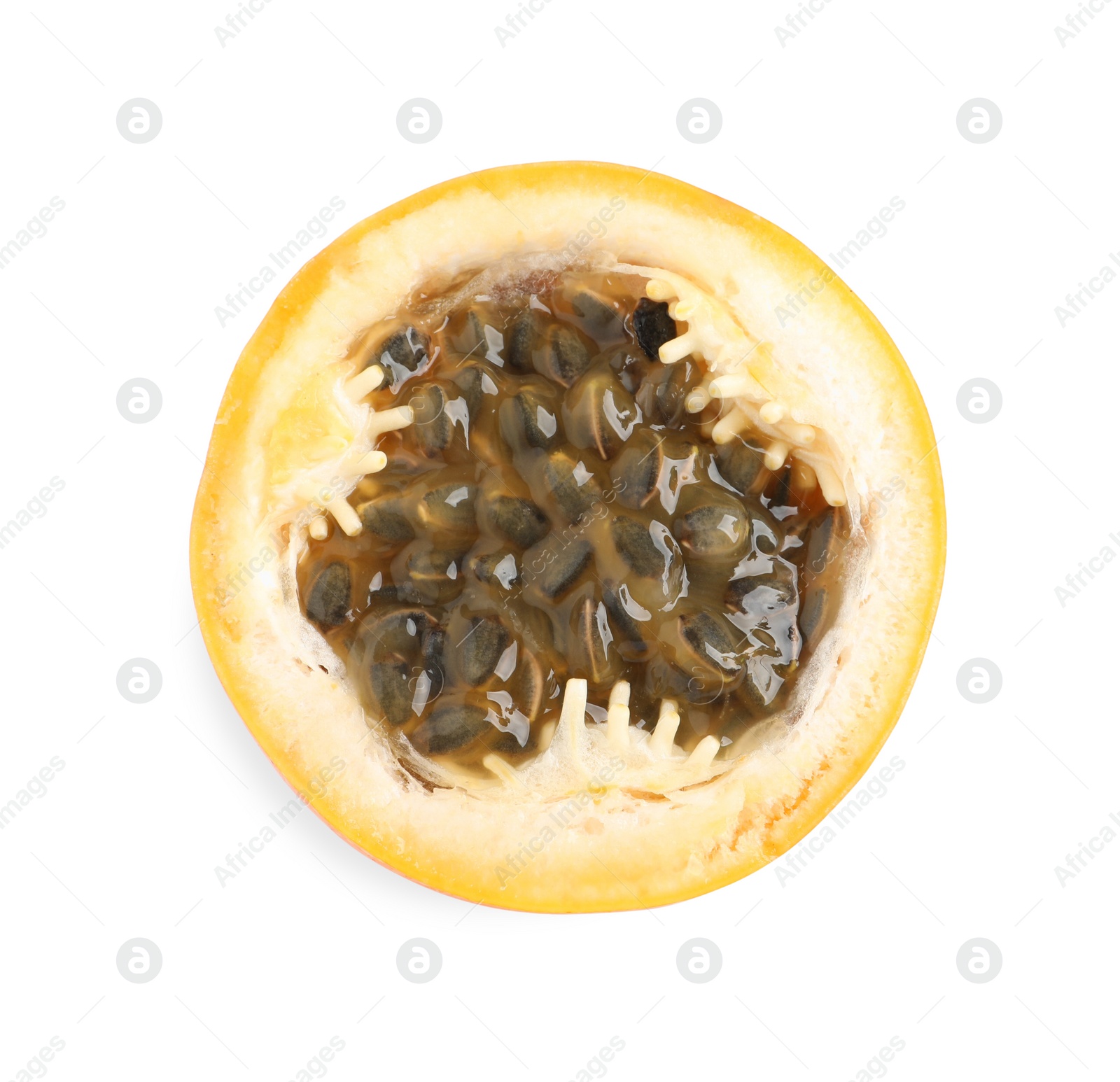 Photo of Half of delicious yellow granadilla isolated on white, top view