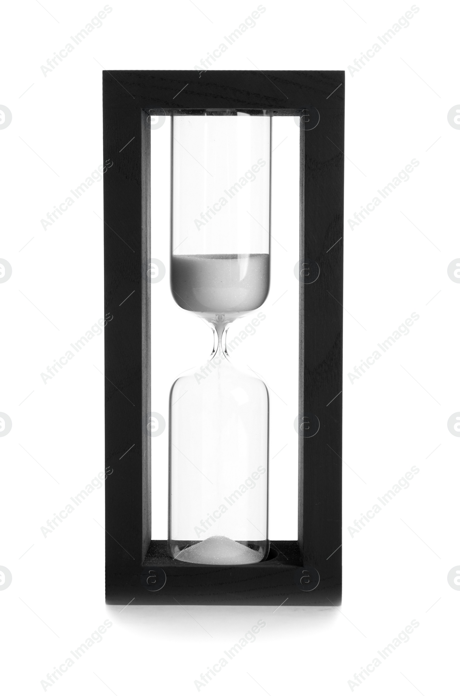 Photo of Hourglass with flowing sand on table against white background. Time management