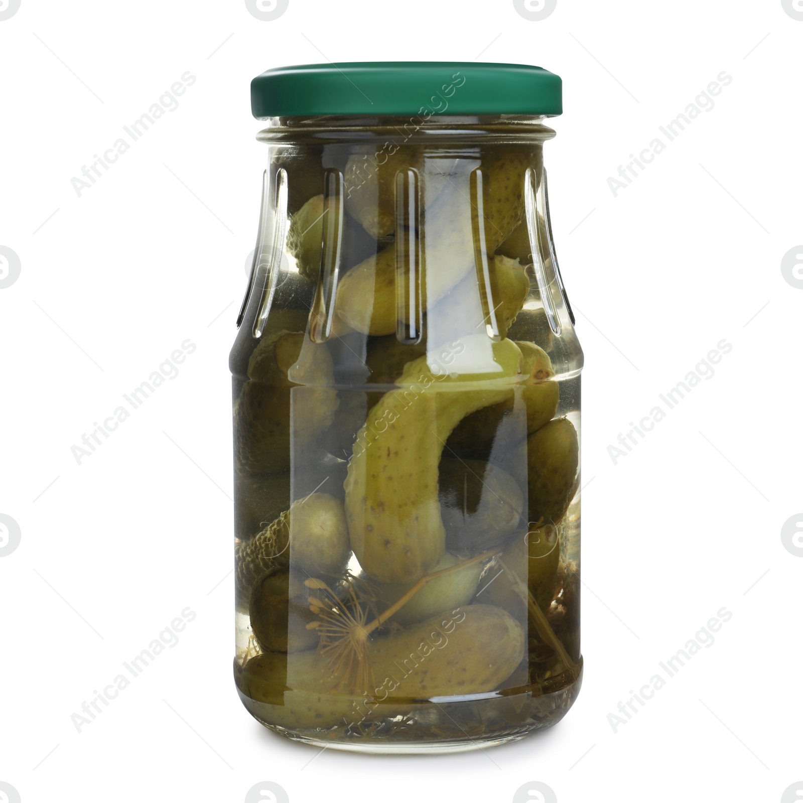 Photo of Glass jar with pickled cucumbers isolated on white