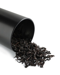 Photo of Da Hong Pao Oolong tea scattered from box on white background