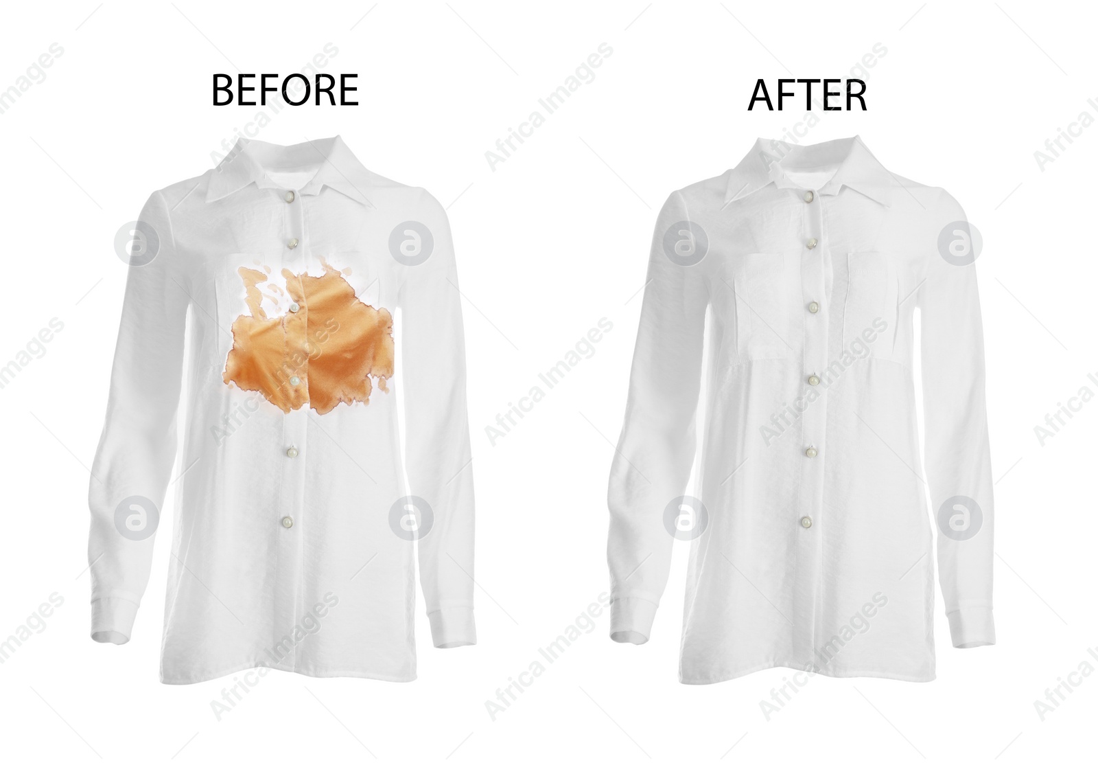 Image of Collage with dirty and clean shirt isolated on white. Before and after washing