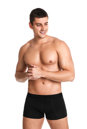 Photo of Man with sexy body on white background