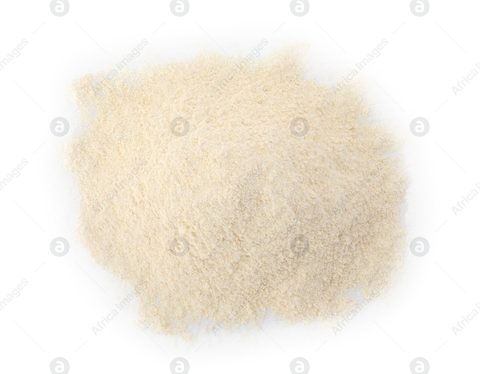 Photo of Heap of quinoa flour on white background, top view