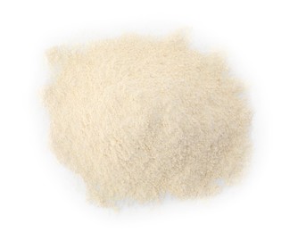 Photo of Heap of quinoa flour on white background, top view