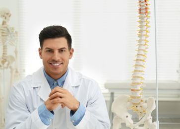 Male orthopedist near human spine model in office