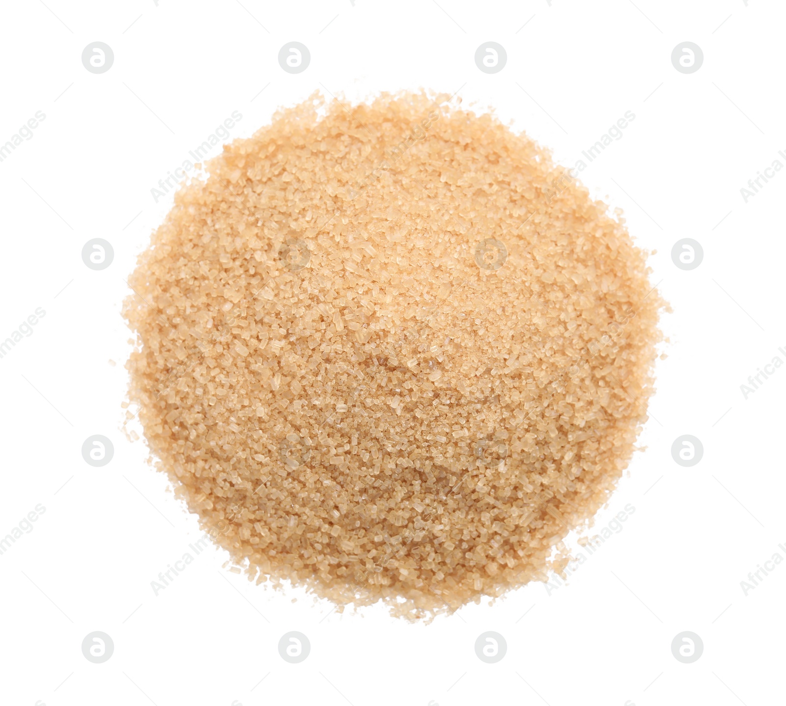 Photo of Pile of brown sugar isolated on white, top view