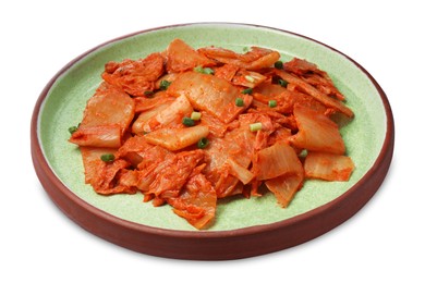 Plate of delicious kimchi with Chinese cabbage isolated on white