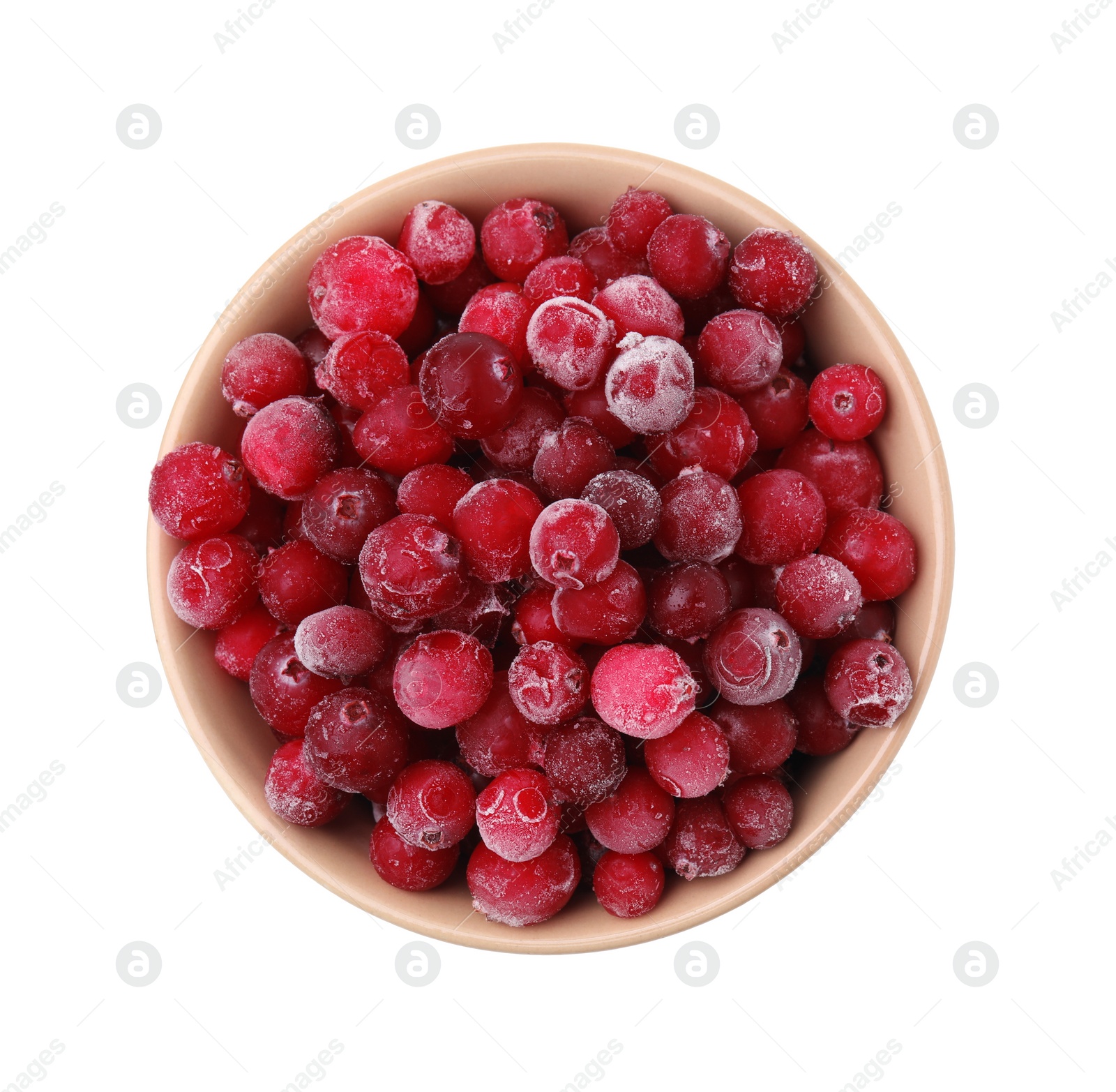 Photo of Frozen red cranberries in bowl isolated on white, top view