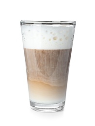 Photo of Glass with coffee and milk foam isolated on white