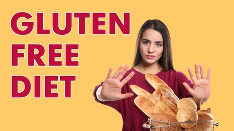 Gluten free diet. Woman refusing from metal basket with bakery products on pale orange background