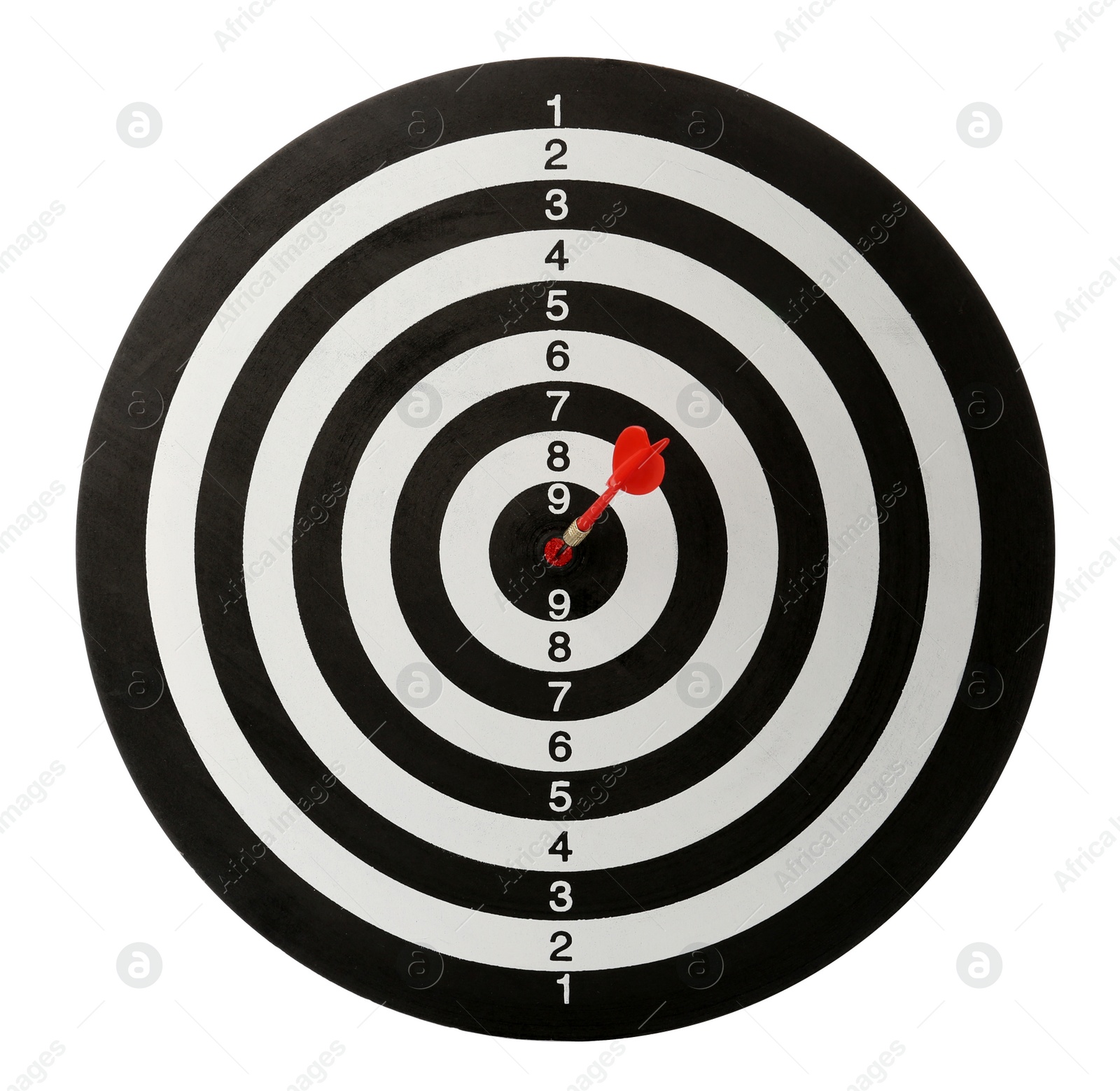 Photo of Red arrow hitting target on dart board against white background