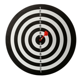 Red arrow hitting target on dart board against white background