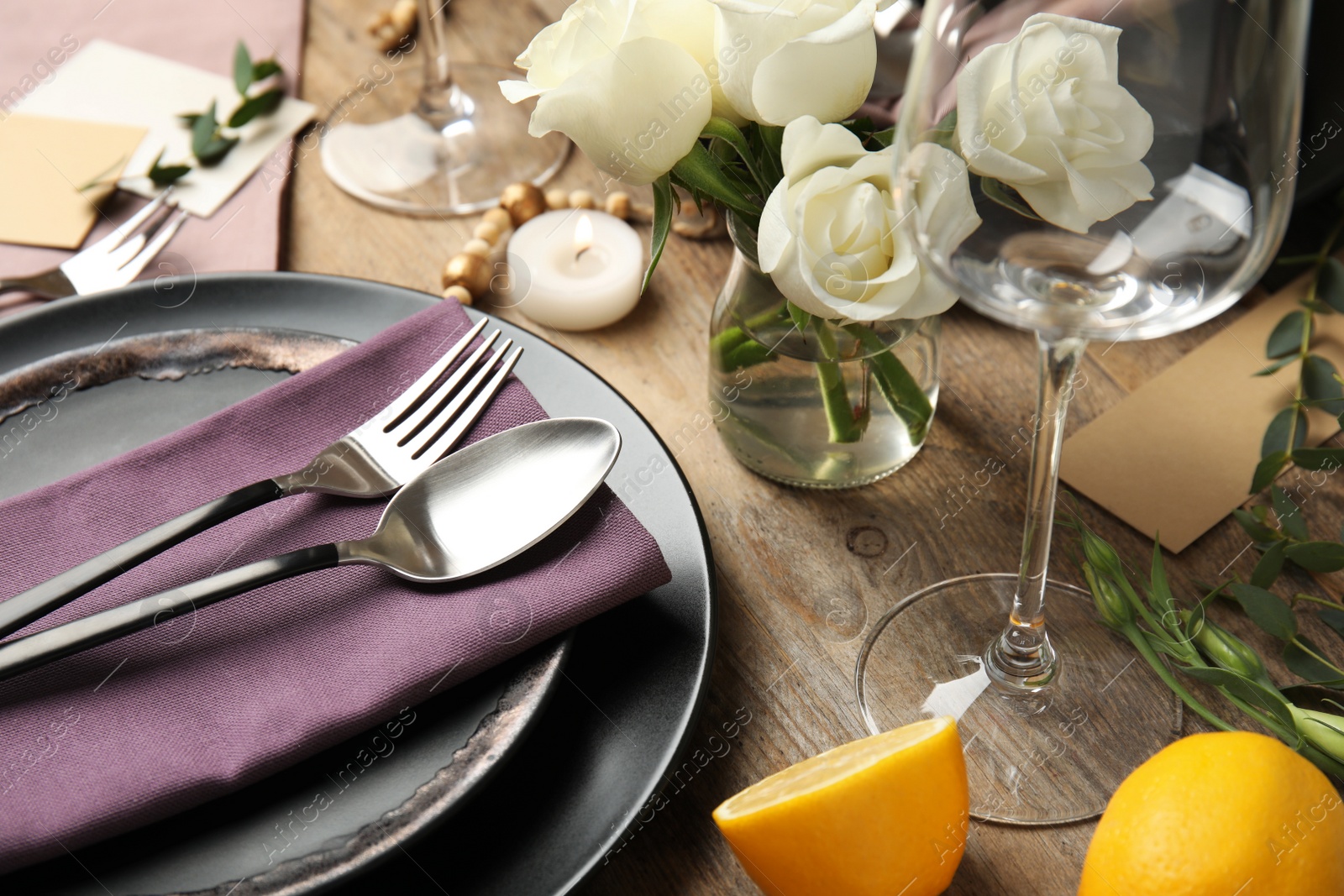 Photo of Elegant festive table setting on wooden background