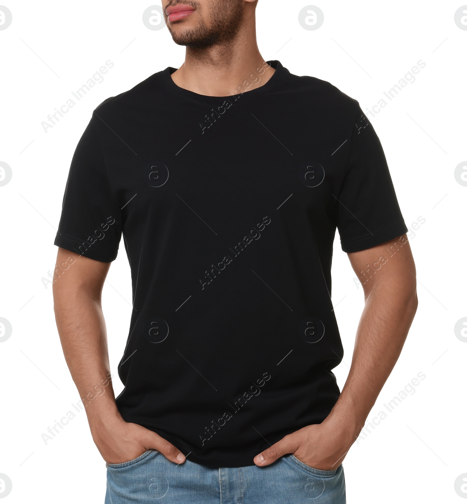 Photo of Man wearing black t-shirt on white background, closeup