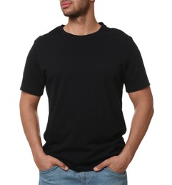 Photo of Man wearing black t-shirt on white background, closeup