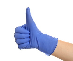 Photo of Woman in blue latex gloves showing thumb up gesture on white background, closeup of hand